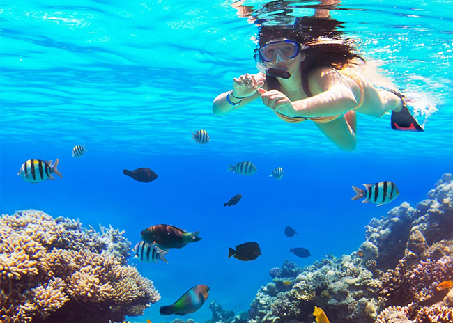 Julie very excited snorkeling between two rocks and colorful fish.
